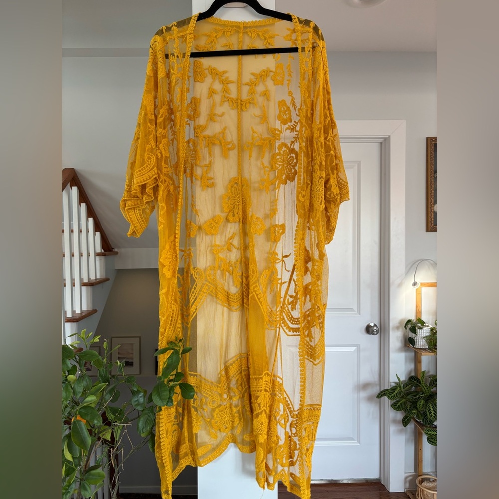 Vibrant Yellow Lace Kimono Swim Coverup No Brand 40 Inches From Shoulder